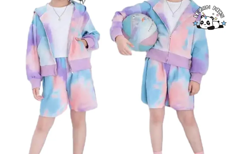 LEZONKIDS - Conjuntos de Roupas Infantis Unisex Casuais Esportivos com Capuz e Zíper, Camisa e Short para Meninos e Meninas com Estampa Tie Dye